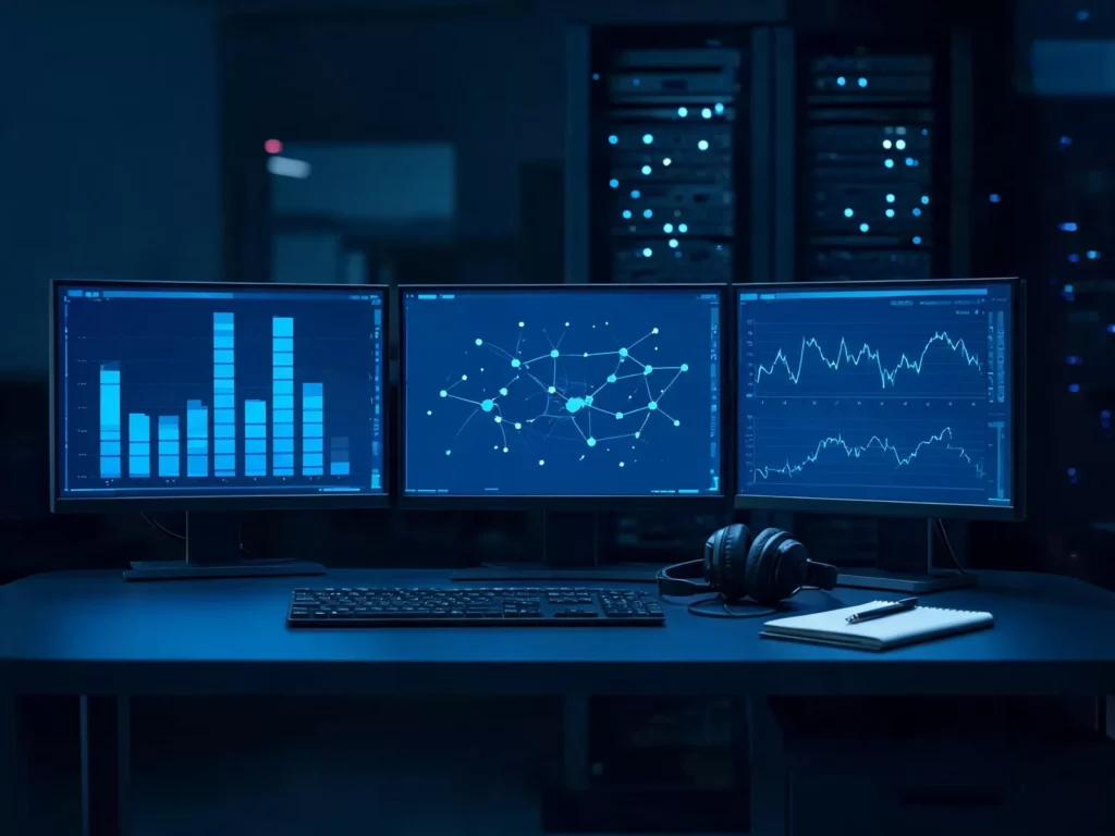 IT-servicedesk met meerdere schermen, dashboards en een headset